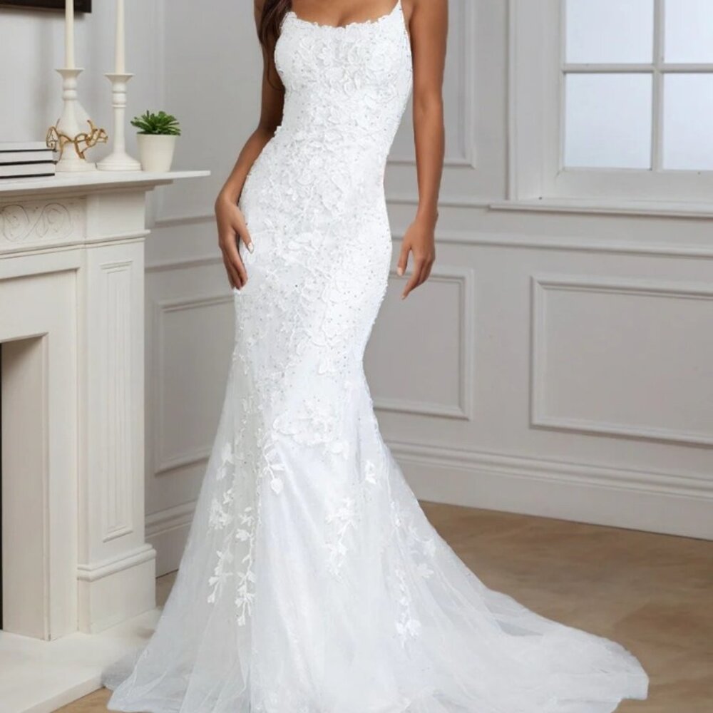 WHITE BEADED LACE UP MERMAID STYLE PROM DRESS